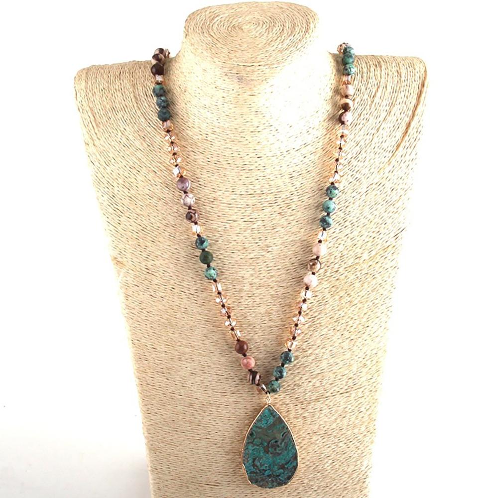 Bohemian Long Perlen Statement Halskette Mit Semi Kostbarem, Tränenformenförmigem Anhänger