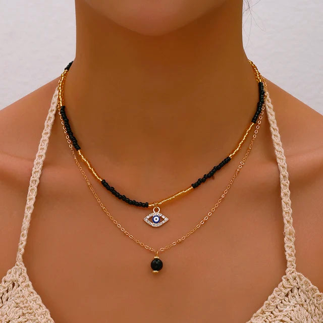 Böhmisches mehrschichtiges handgemachtes Perlenketten-Set mit Quasten und buntem Kristallanhänger für Damen Accessoires