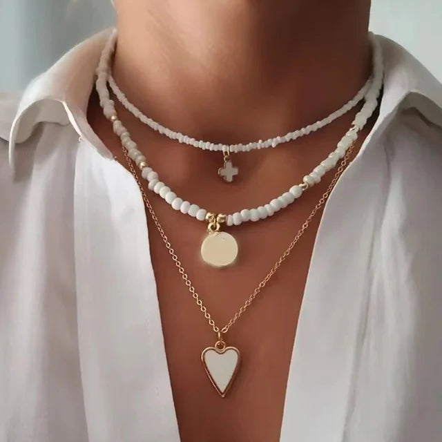 Böhmisches mehrschichtiges handgemachtes Perlenketten-Set mit Quasten und buntem Kristallanhänger für Damen Accessoires