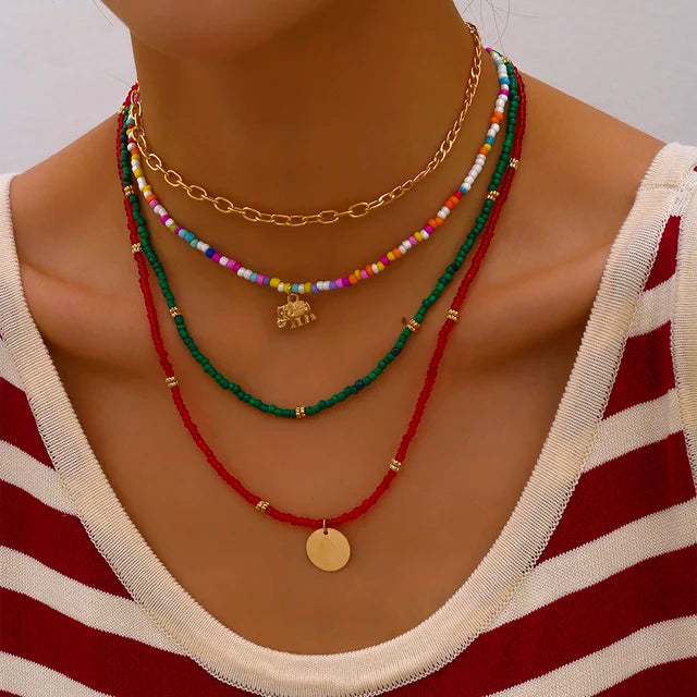 Böhmisches mehrschichtiges handgemachtes Perlenketten-Set mit Quasten und buntem Kristallanhänger für Damen Accessoires