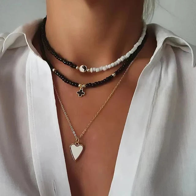 Böhmisches mehrschichtiges handgemachtes Perlenketten-Set mit Quasten und buntem Kristallanhänger für Damen Accessoires