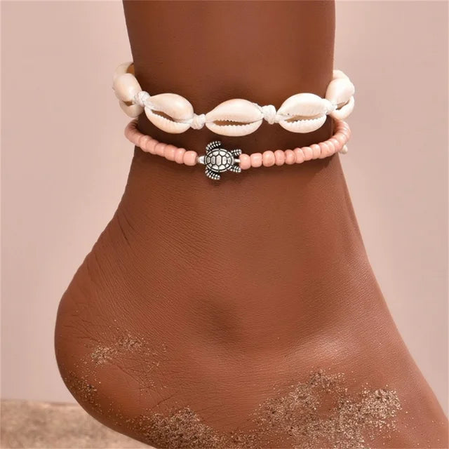 Bohemian Muschel Fußkettchen für Frauen Fußschmuck Sommer Strand Barfuß Armbänder Knöchel an Bein Kette Knöchelriemen Accessoires
