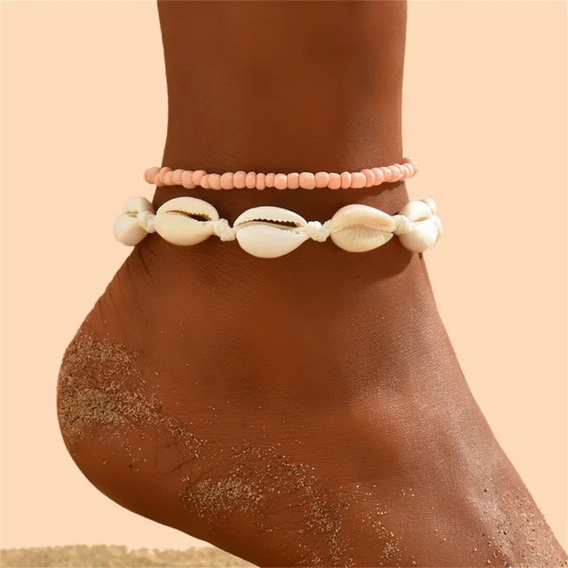 Bohemian Muschel Fußkettchen für Frauen Fußschmuck Sommer Strand Barfuß Armbänder Knöchel an Bein Kette Knöchelriemen Accessoires