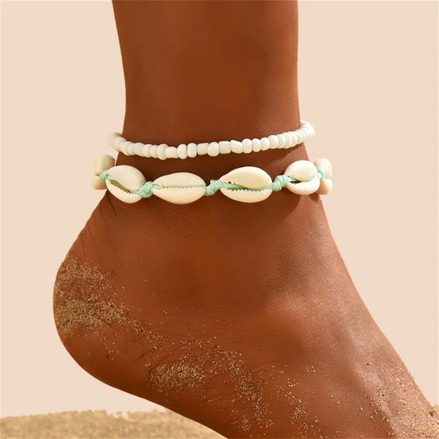 Bohemian Muschel Fußkettchen für Frauen Fußschmuck Sommer Strand Barfuß Armbänder Knöchel an Bein Kette Knöchelriemen Accessoires