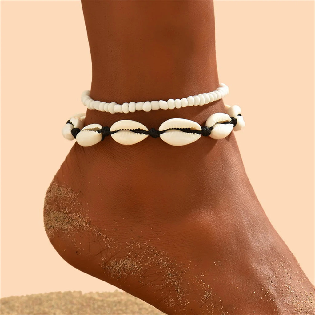 Bohemian Muschel Fußkettchen für Frauen Fußschmuck Sommer Strand Barfuß Armbänder Knöchel an Bein Kette Knöchelriemen Accessoires