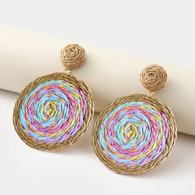 Bunte Raffia Rattan Ohrringe im Bohemian-Stil für Frauen - Sommer Strand Schmuck