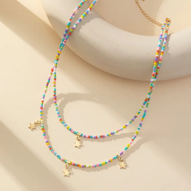 Bohemian Reisepärlchen Mehrschichtiger Pentagramm Anhänger Halskette für Frauen Mädchen Urlaub OL Geschenk Modeschmuck AN021