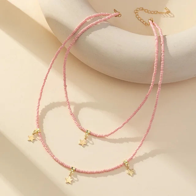 Bohemian Reisepärlchen Mehrschichtiger Pentagramm Anhänger Halskette für Frauen Mädchen Urlaub OL Geschenk Modeschmuck AN021