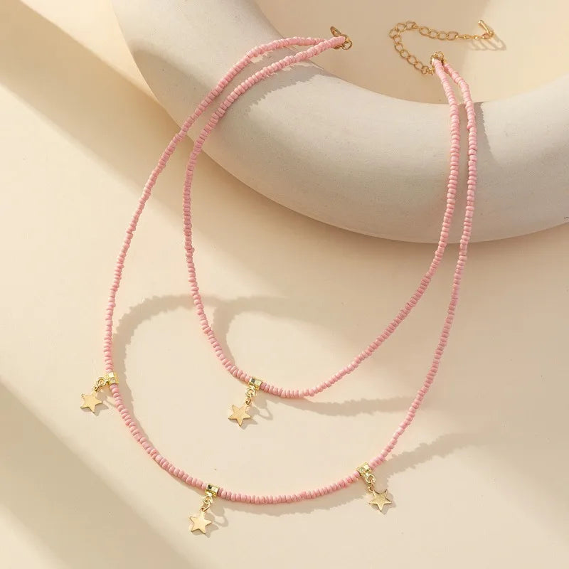 Bohemian Reisepärlchen Mehrschichtiger Pentagramm Anhänger Halskette für Frauen Mädchen Urlaub OL Geschenk Modeschmuck AN021