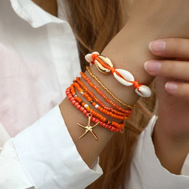 Boho Reiskorn Perlen Seestern Anhänger Armband Set Sommer Strand Muschel Mehrschichtige Armbänder Schmuck Accessoires