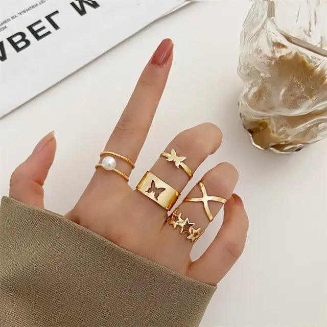 Vintage Bohemian Ring Set for Women with Geometric Star Design