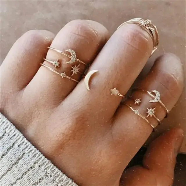 Vintage Bohemian Ring Set for Women with Geometric Star Design