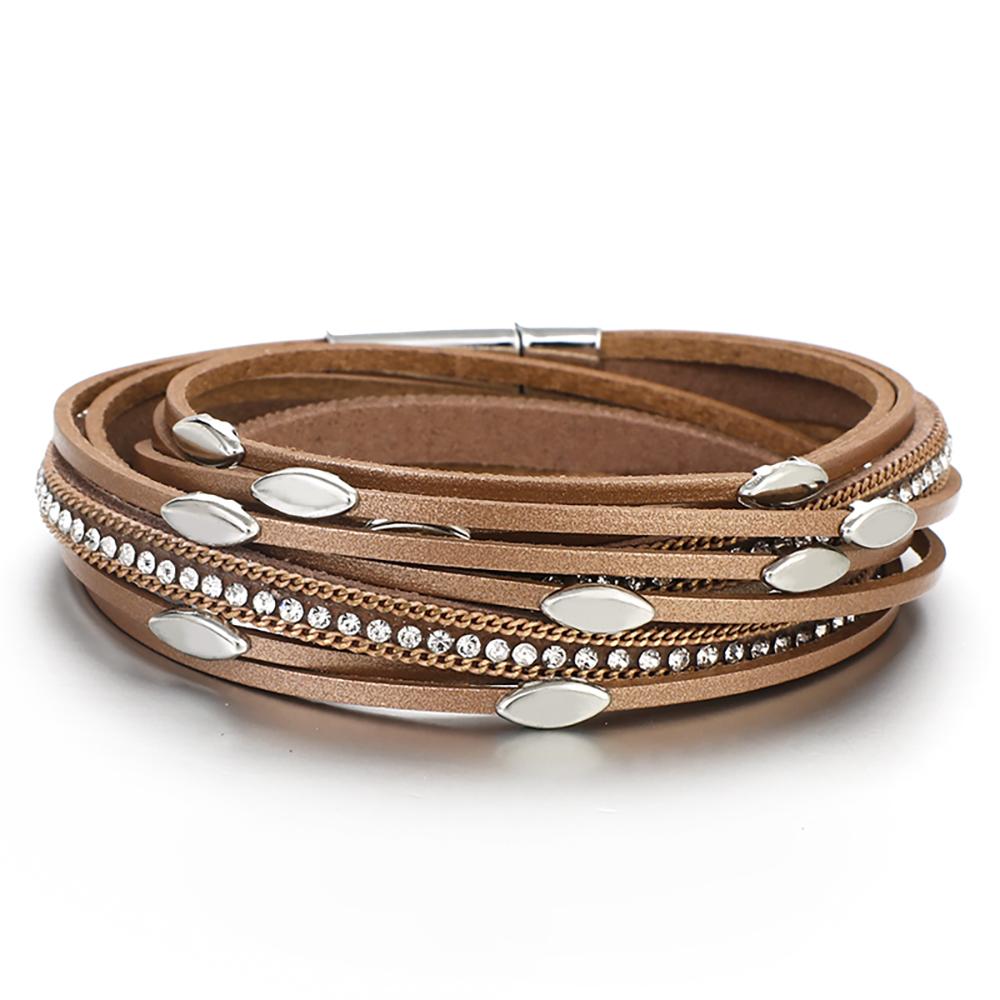 Böhmischer Stil Multi Layer Leder Wrap Armbänder Mit Blattbrandkristallen