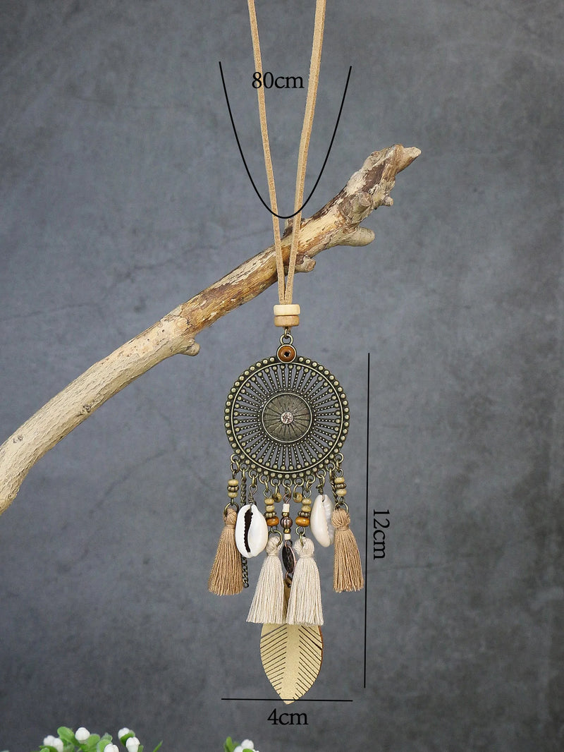 Boho-Stil langer Halskette mit Quastenmuschelanhänger, ethnische Retro-Urlaubs-Halskette für Damen