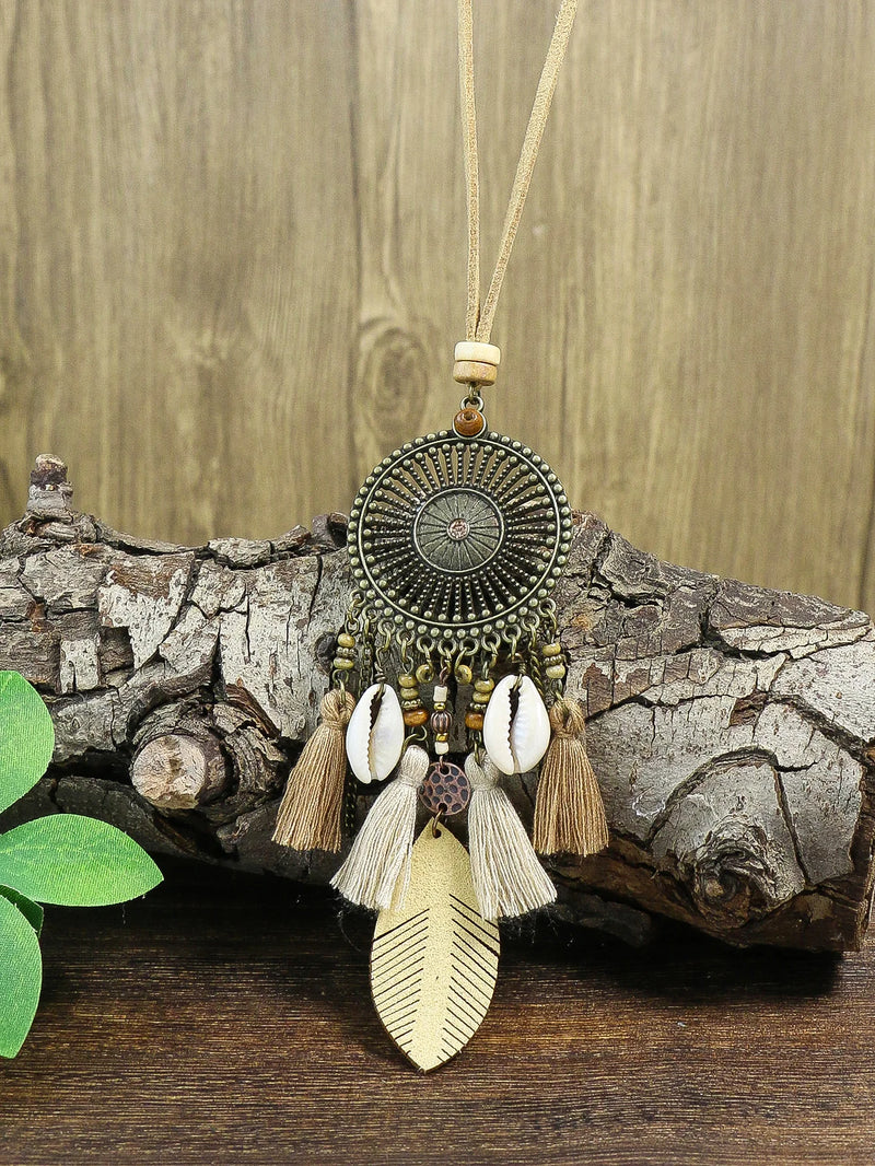 Boho-Stil langer Halskette mit Quastenmuschelanhänger, ethnische Retro-Urlaubs-Halskette für Damen