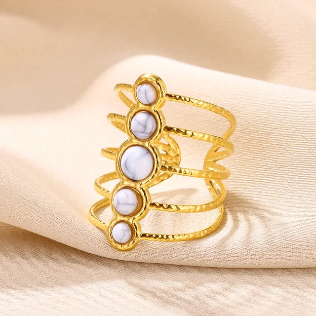 Boho Blauer Natursteinring für Frauen und Männer, goldfarbener Edelstahlring, hohler verstellbarer Öffnungsring, Schmuckgeschenk
