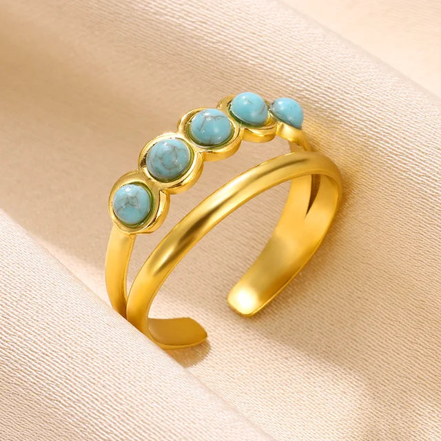 Boho Blauer Natursteinring für Frauen und Männer, goldfarbener Edelstahlring, hohler verstellbarer Öffnungsring, Schmuckgeschenk