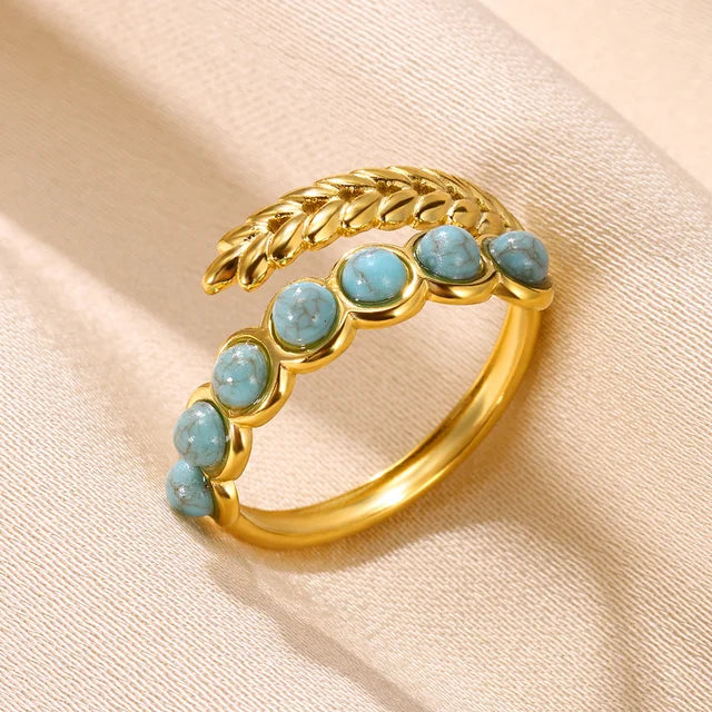 Boho Blauer Natursteinring für Frauen und Männer, goldfarbener Edelstahlring, hohler verstellbarer Öffnungsring, Schmuckgeschenk