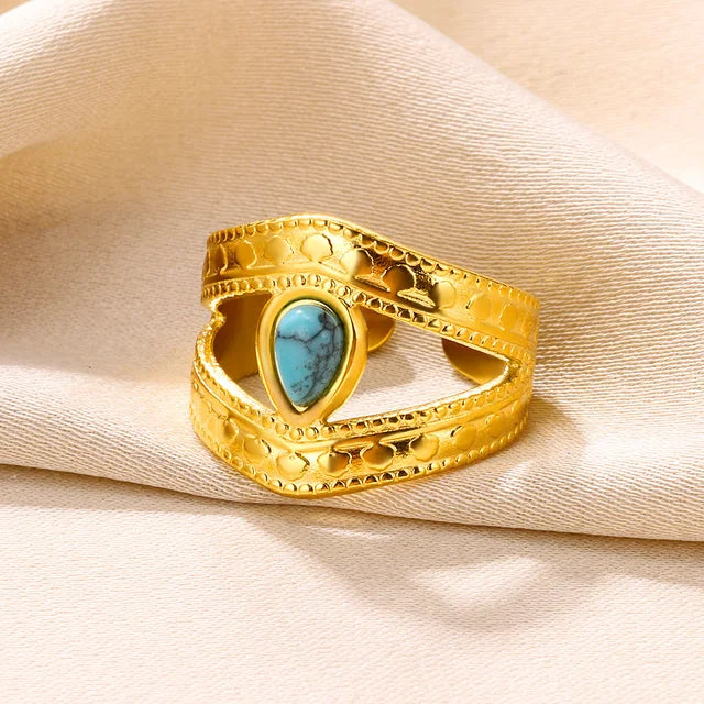 Boho Blauer Natursteinring für Frauen und Männer, goldfarbener Edelstahlring, hohler verstellbarer Öffnungsring, Schmuckgeschenk