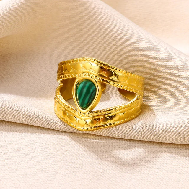 Boho Blauer Natursteinring für Frauen und Männer, goldfarbener Edelstahlring, hohler verstellbarer Öffnungsring, Schmuckgeschenk