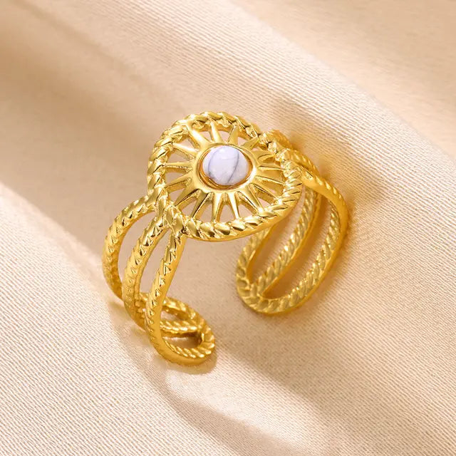 Boho Blauer Natursteinring für Frauen und Männer, goldfarbener Edelstahlring, hohler verstellbarer Öffnungsring, Schmuckgeschenk