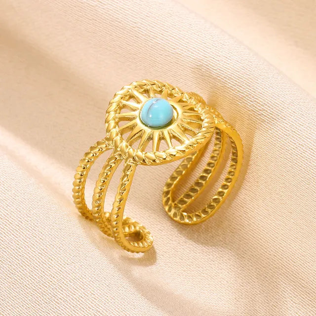 Boho Blauer Natursteinring für Frauen und Männer, goldfarbener Edelstahlring, hohler verstellbarer Öffnungsring, Schmuckgeschenk