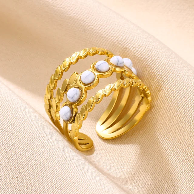 Boho Blauer Natursteinring für Frauen und Männer, goldfarbener Edelstahlring, hohler verstellbarer Öffnungsring, Schmuckgeschenk