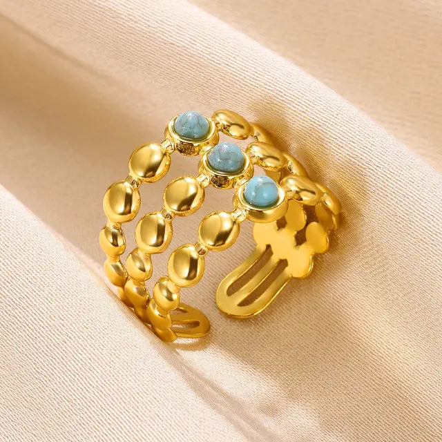 Boho Blauer Natursteinring für Frauen und Männer, goldfarbener Edelstahlring, hohler verstellbarer Öffnungsring, Schmuckgeschenk