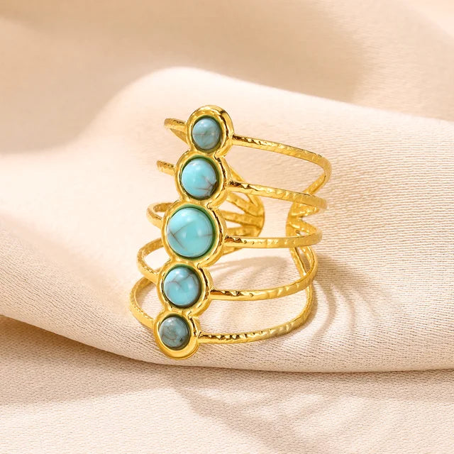 Boho Blauer Natursteinring für Frauen und Männer, goldfarbener Edelstahlring, hohler verstellbarer Öffnungsring, Schmuckgeschenk