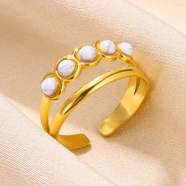 Boho Blauer Natursteinring für Frauen und Männer, goldfarbener Edelstahlring, hohler verstellbarer Öffnungsring, Schmuckgeschenk