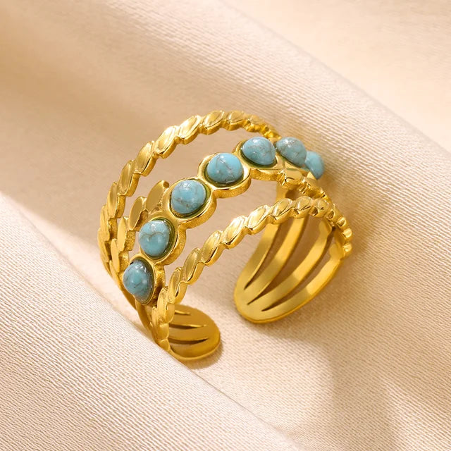 Boho Blauer Natursteinring für Frauen und Männer, goldfarbener Edelstahlring, hohler verstellbarer Öffnungsring, Schmuckgeschenk