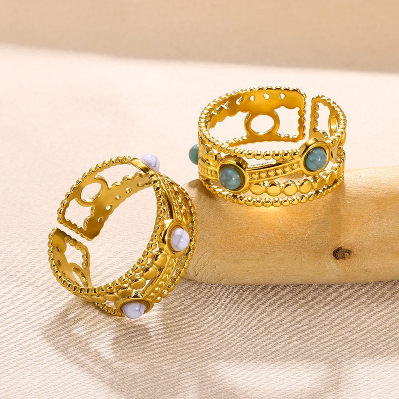 Boho Blauer Natursteinring für Frauen und Männer, goldfarbener Edelstahlring, hohler verstellbarer Öffnungsring, Schmuckgeschenk