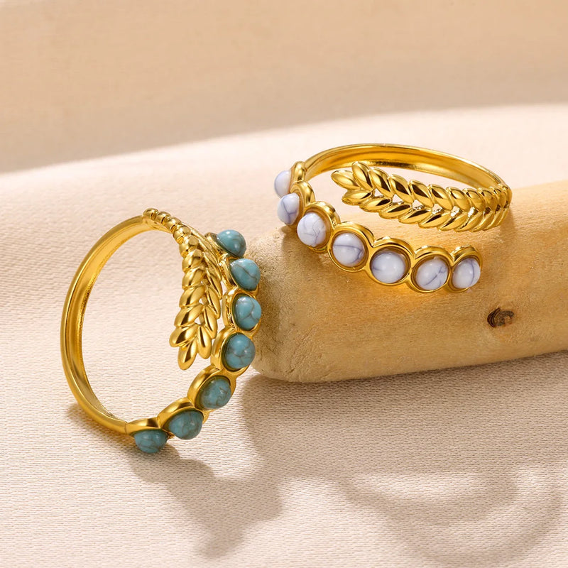 Boho Blauer Natursteinring für Frauen und Männer, goldfarbener Edelstahlring, hohler verstellbarer Öffnungsring, Schmuckgeschenk