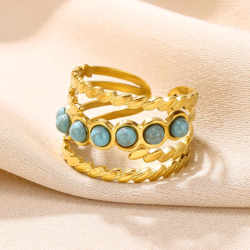 Boho Blauer Natursteinring für Frauen und Männer, goldfarbener Edelstahlring, hohler verstellbarer Öffnungsring, Schmuckgeschenk
