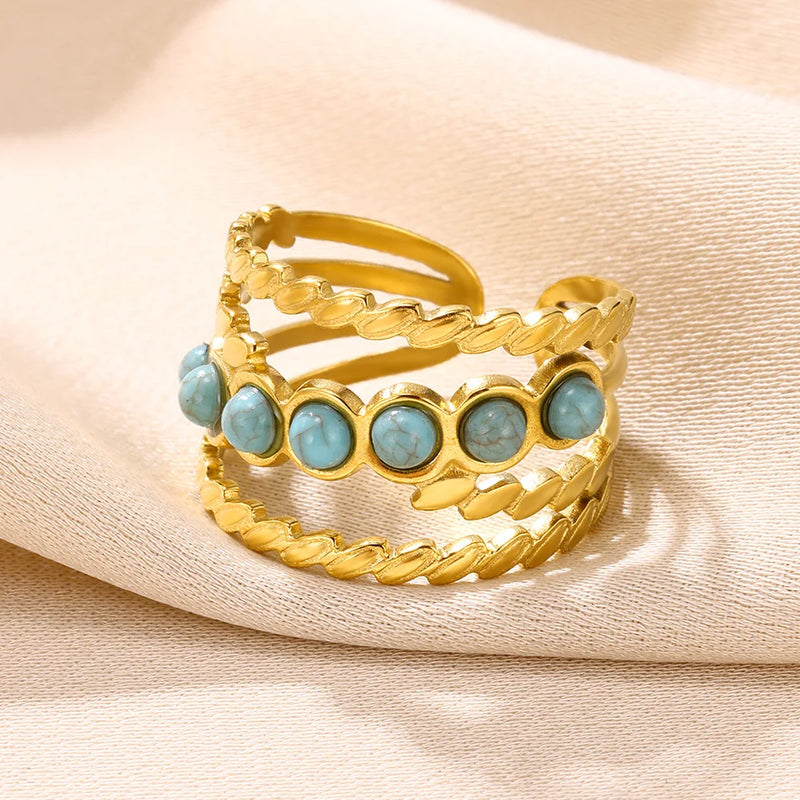 Boho Blauer Natursteinring für Frauen und Männer, goldfarbener Edelstahlring, hohler verstellbarer Öffnungsring, Schmuckgeschenk