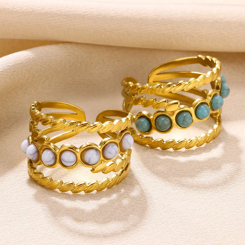 Boho Blauer Natursteinring für Frauen und Männer, goldfarbener Edelstahlring, hohler verstellbarer Öffnungsring, Schmuckgeschenk