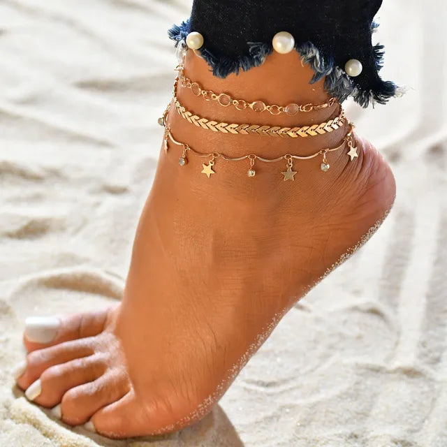 Boho Doppel-Layer Fußkettchen für Frauen mit Perlenanhänger und 8-förmigem Strandarmband