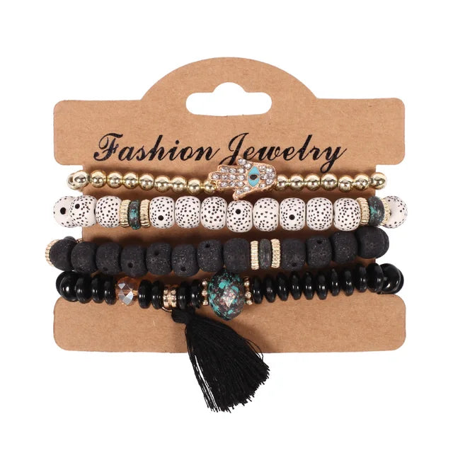 Boho Evil Eye Tassel Armband Set für Frauen Steinperlenkette handgefertigter Armreif weiblicher modischer Party-Schmuckgeschenk