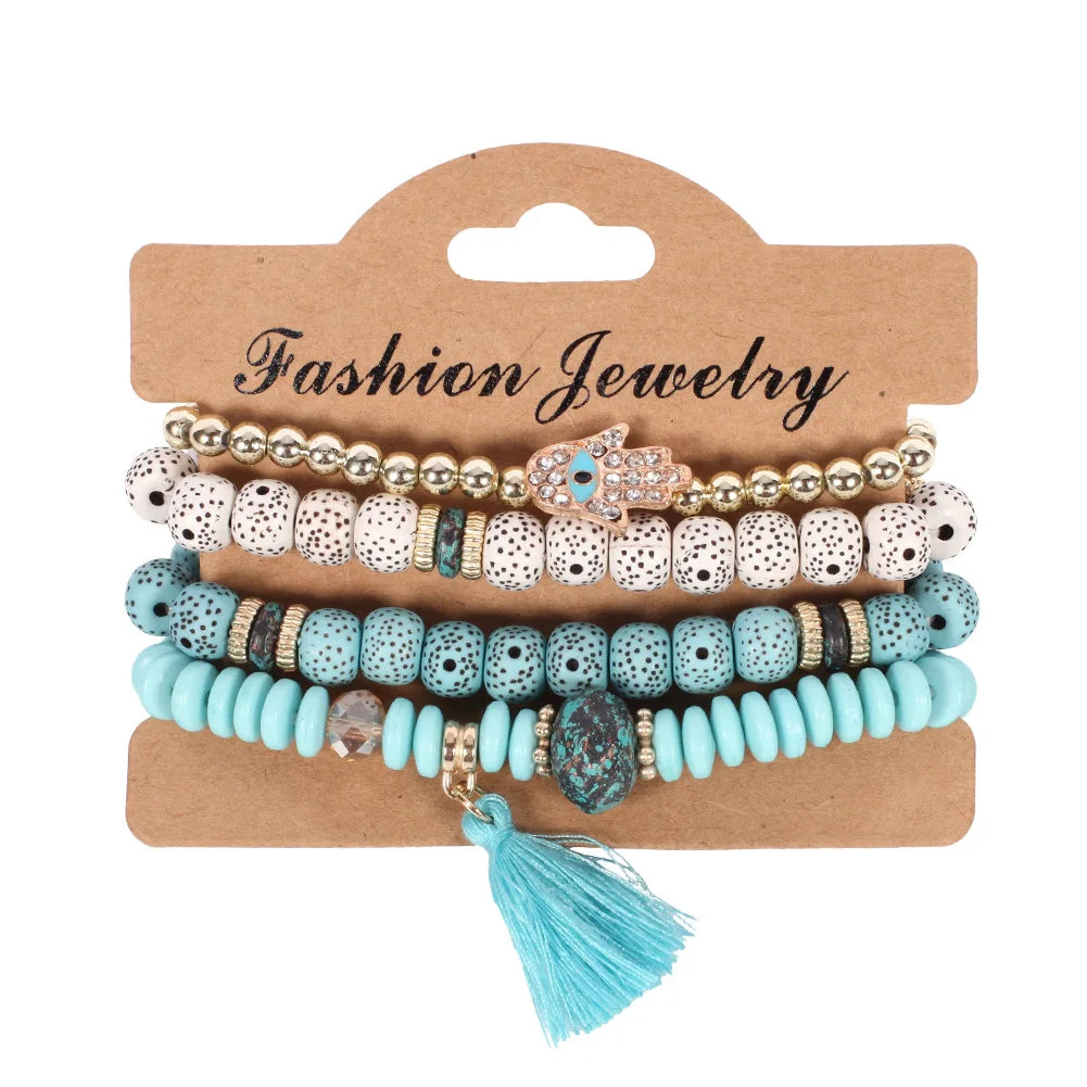 Boho Evil Eye Tassel Armband Set für Frauen Steinperlenkette handgefertigter Armreif weiblicher modischer Party-Schmuckgeschenk