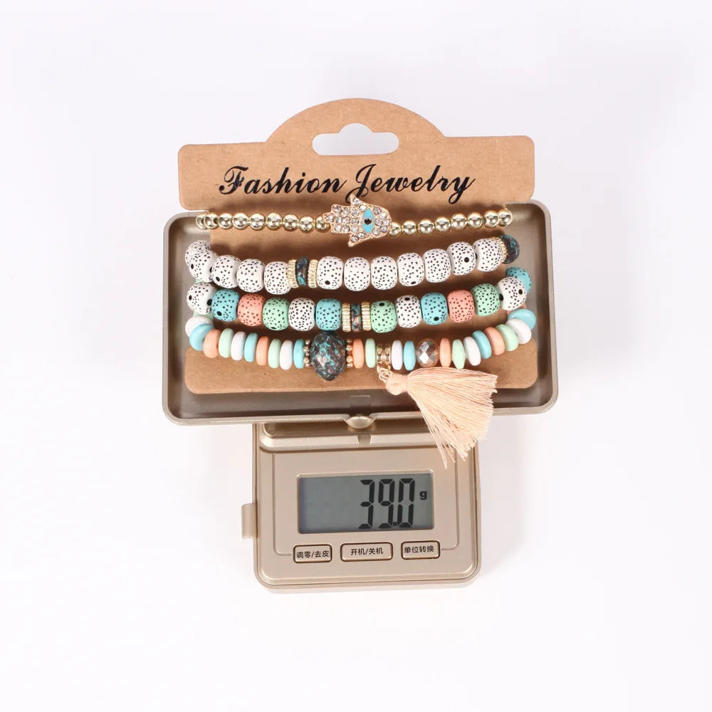 Boho Evil Eye Tassel Armband Set für Frauen Steinperlenkette handgefertigter Armreif weiblicher modischer Party-Schmuckgeschenk