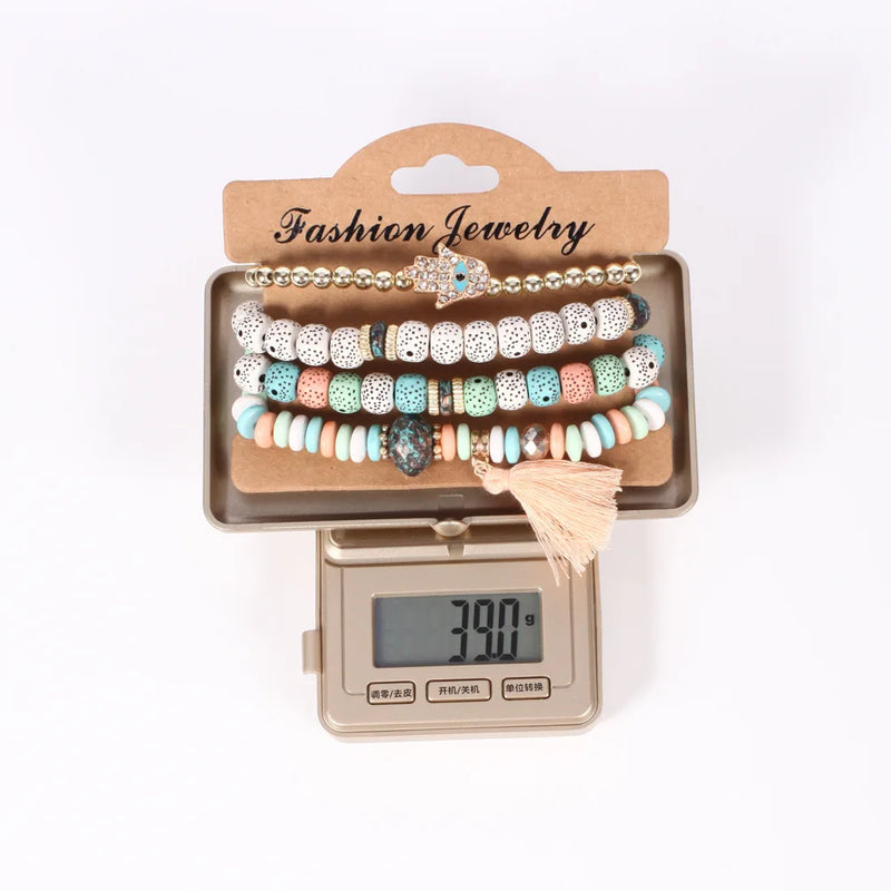 Boho Evil Eye Tassel Armband Set für Frauen Steinperlenkette handgefertigter Armreif weiblicher modischer Party-Schmuckgeschenk