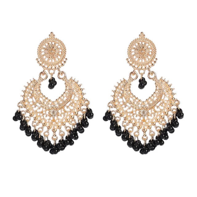 Boho Vintage Herzform Hängende Ohrringe für Frauen Ethnische Indische Jhumka Ohrringe Blumenperlen Quasten Hochzeitsschmuck