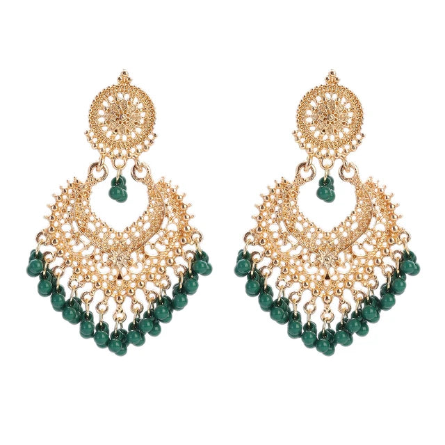 Boho Vintage Herzform Hängende Ohrringe für Frauen Ethnische Indische Jhumka Ohrringe Blumenperlen Quasten Hochzeitsschmuck