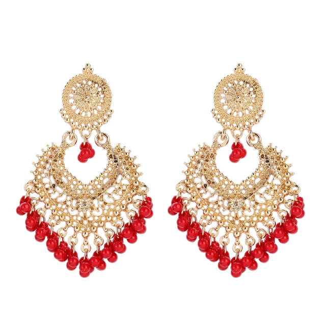 Boho Vintage Herzform Hängende Ohrringe für Frauen Ethnische Indische Jhumka Ohrringe Blumenperlen Quasten Hochzeitsschmuck