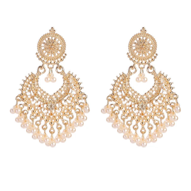 Boho Vintage Herzform Hängende Ohrringe für Frauen Ethnische Indische Jhumka Ohrringe Blumenperlen Quasten Hochzeitsschmuck