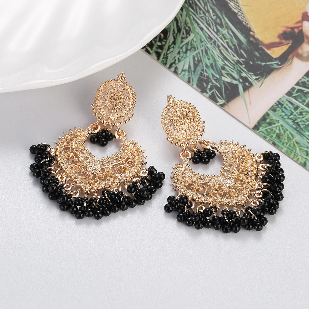 Boho Vintage Herzform Hängende Ohrringe für Frauen Ethnische Indische Jhumka Ohrringe Blumenperlen Quasten Hochzeitsschmuck