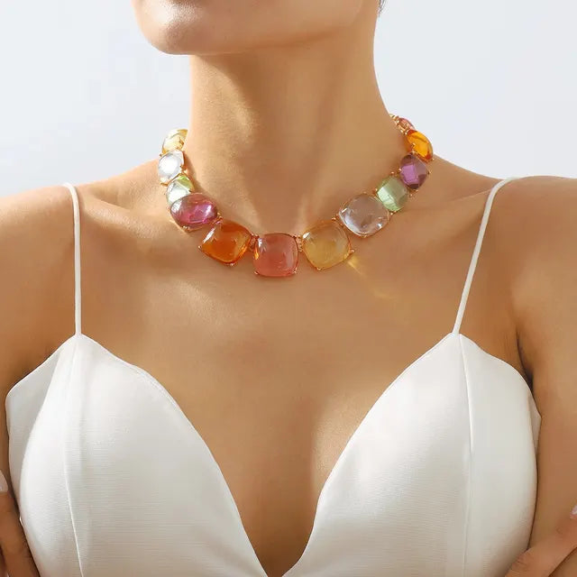 Bunte Jelly Transparente Geometrische Strass Choker Halskette für Frauen Punk Große Quadratische Schlüsselbeinkette Grunge Schmuck