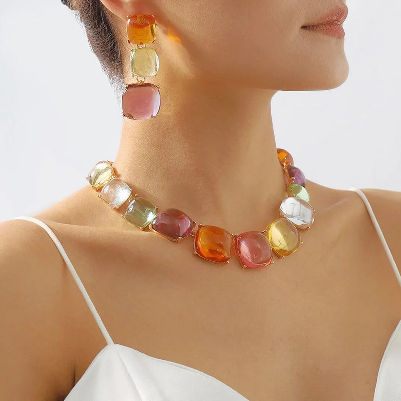 Bunte Jelly Transparente Geometrische Strass Choker Halskette für Frauen Punk Große Quadratische Schlüsselbeinkette Grunge Schmuck