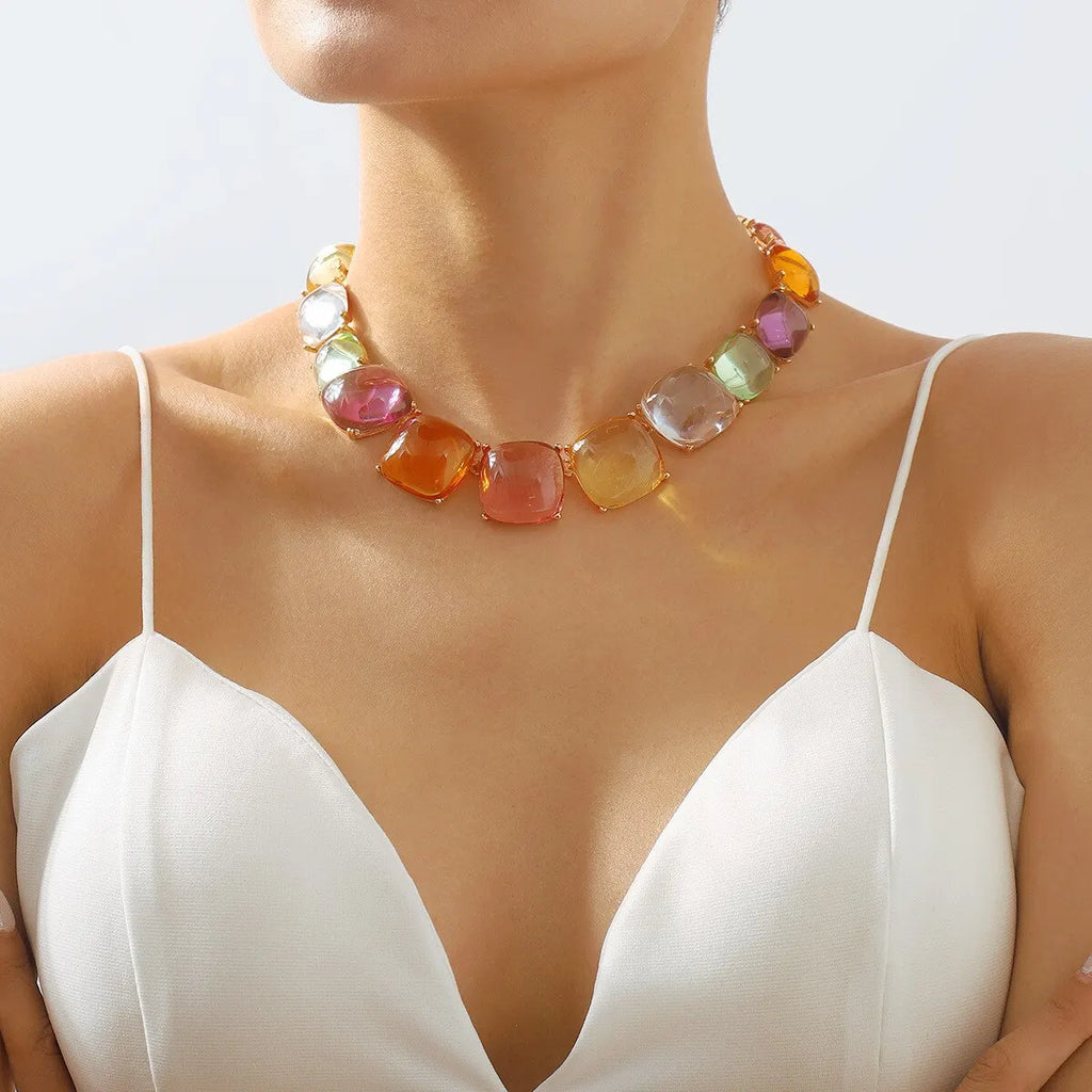 Bunte Jelly Transparente Geometrische Strass Choker Halskette für Frauen Punk Große Quadratische Schlüsselbeinkette Grunge Schmuck