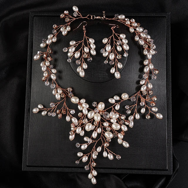 Boho Luxuriöses Hochzeitsbraut-Set mit handgefertigtem Schmuck aus Strass und Perlen - Ohrringe - Verstellbares Set für Frauen